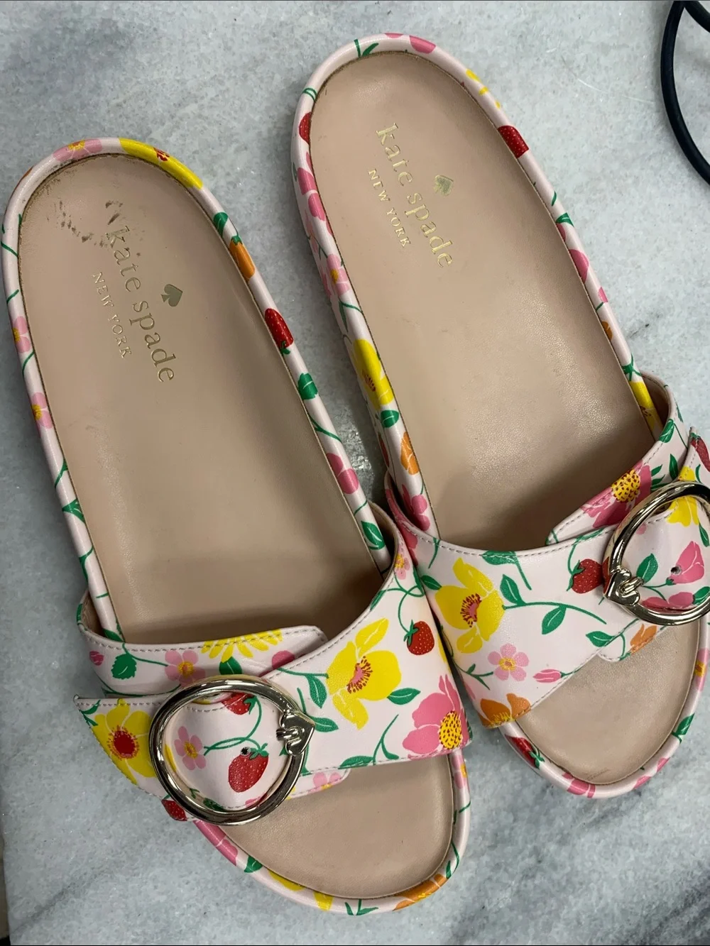 kate spade White Floral Buckle Slide Sandals